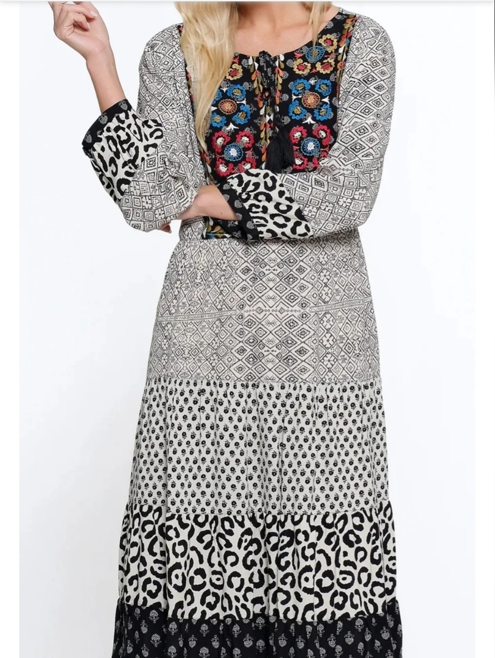 John Mark Black & Multi-Embroidered Boho Maxi Dress